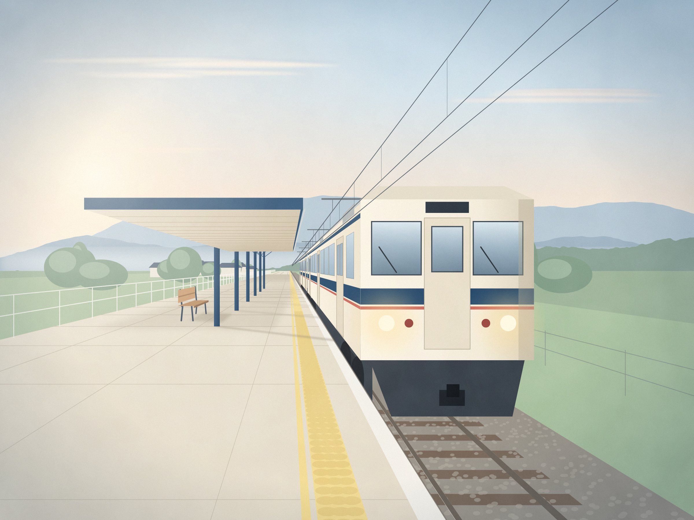 朝の小さな駅のイラスト。屋根のあるホームに、クリーム色と紺色の電車が停まっている。