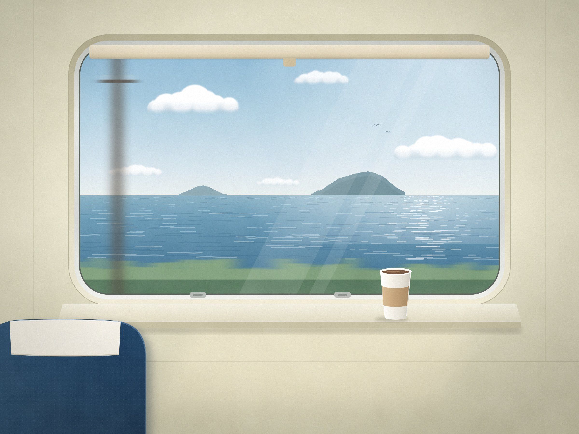 電車の大きな窓から、穏やかな海と小さな島が見えるイラスト。窓辺には紙コップが置かれている。