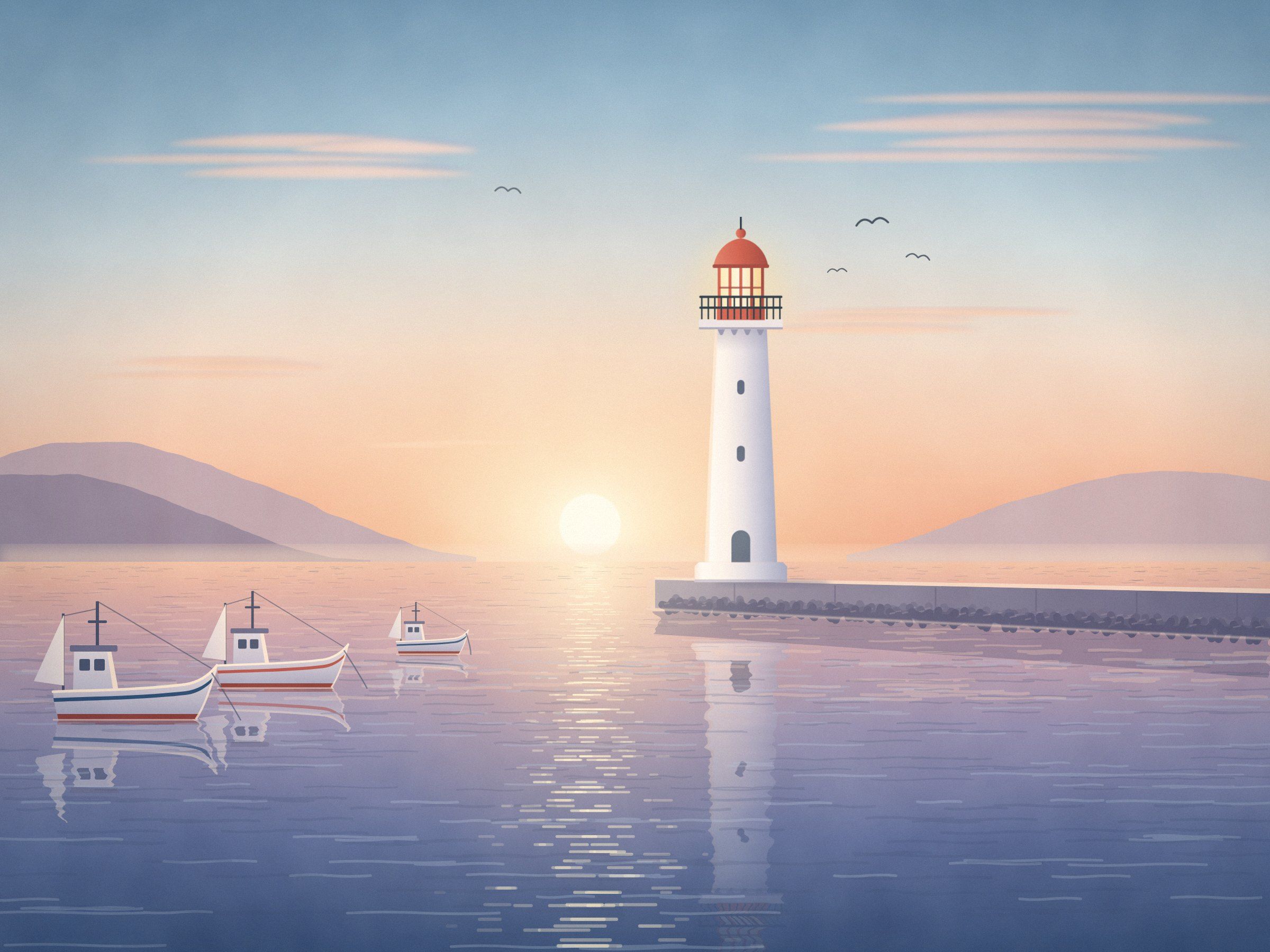 夕方の港のイラスト。防波堤の先に白い灯台が立ち、手前に小さな漁船が並び、空は淡い桃色から青へ変わっている。