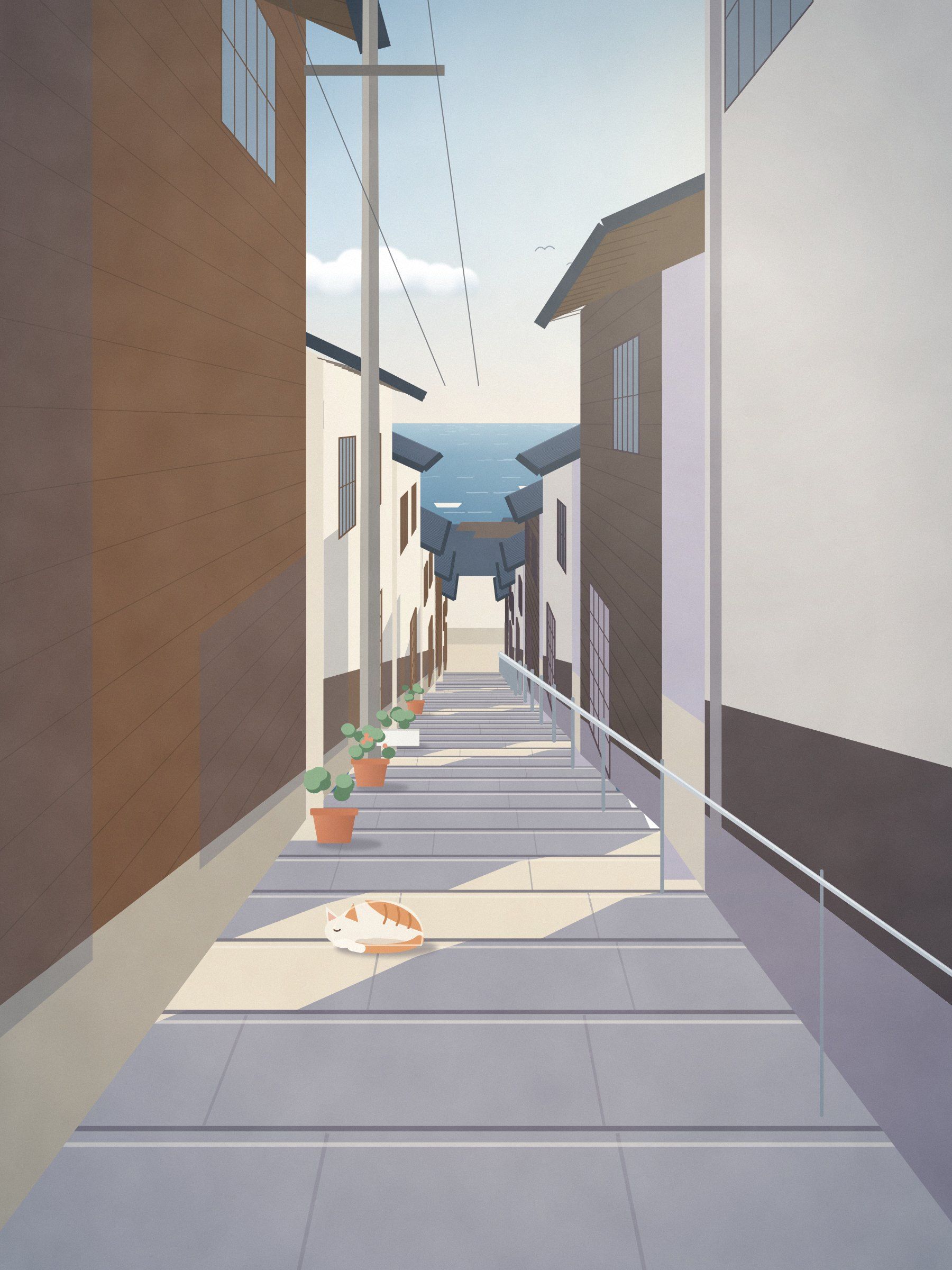 海へ下っていく細い坂道の路地のイラスト。石段と手すり、瓦屋根の家、植木鉢があり、段の上で猫が眠っている。