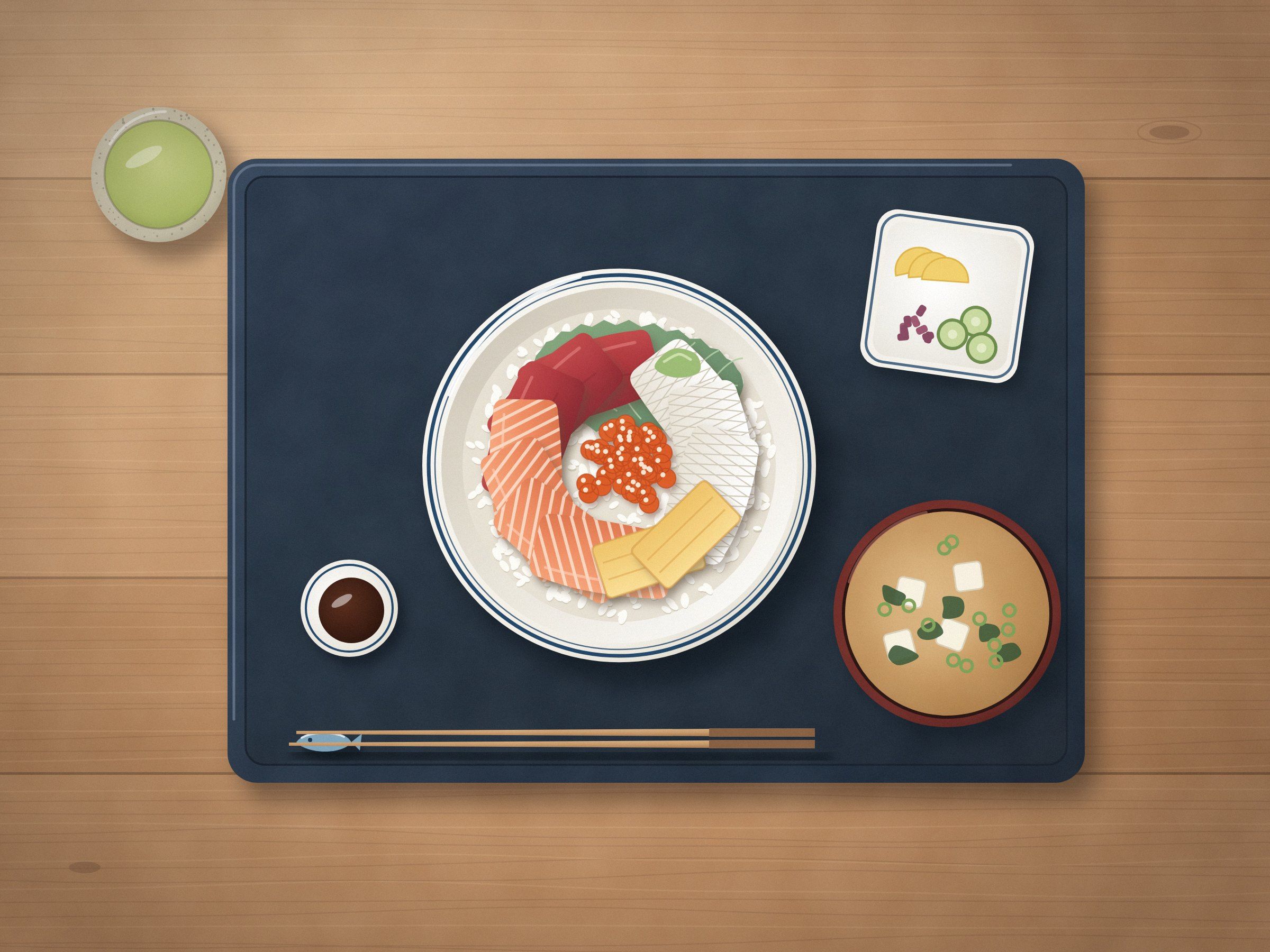 木のテーブルに置かれた昼食を真上から見たイラスト。海鮮丼、みそ汁、漬物、箸、緑茶が並んでいる。