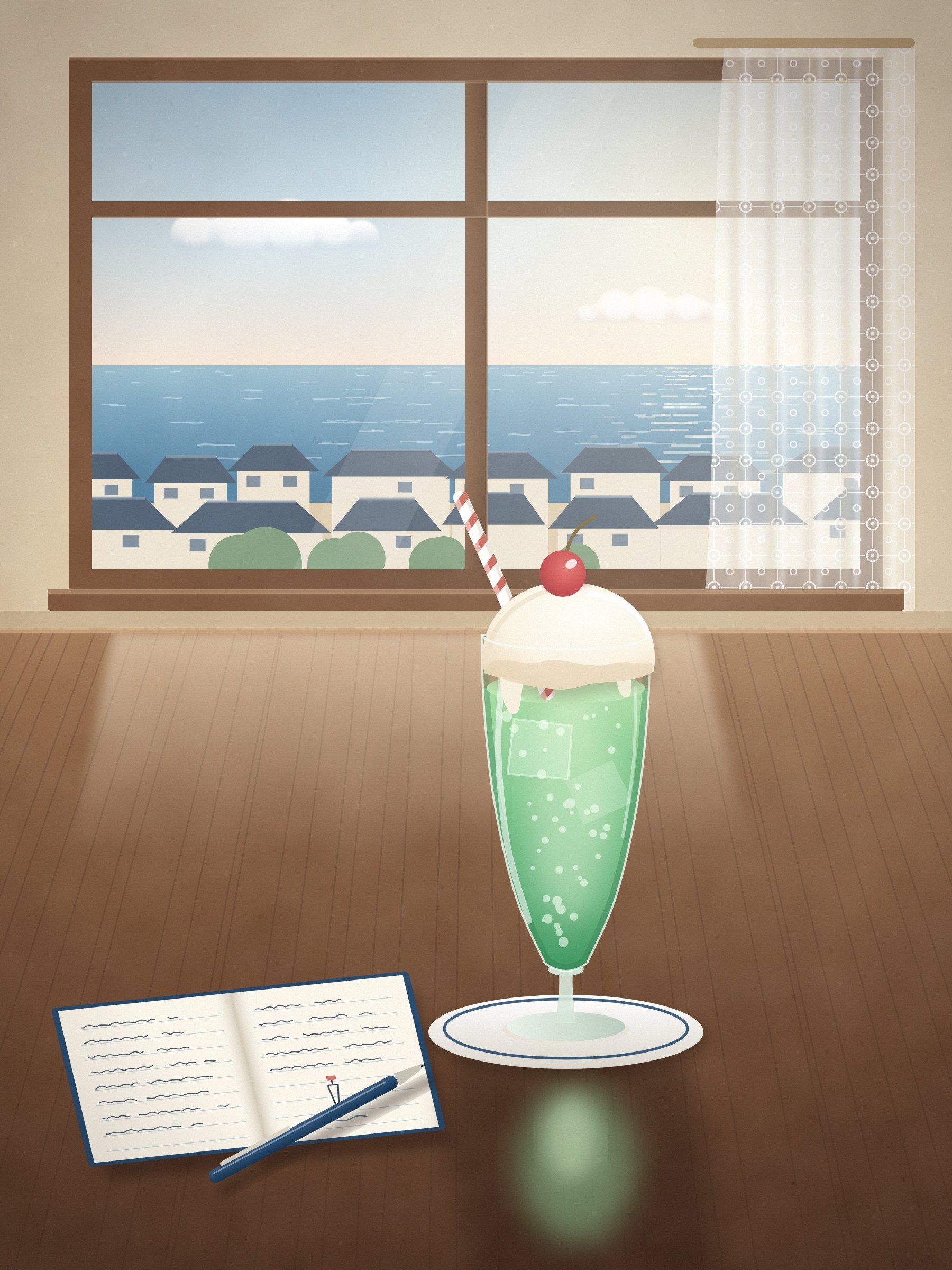 窓辺のテーブルに置かれたクリームソーダのイラスト。緑のソーダにバニラアイスとさくらんぼがのり、横に小さなノートが開いている。