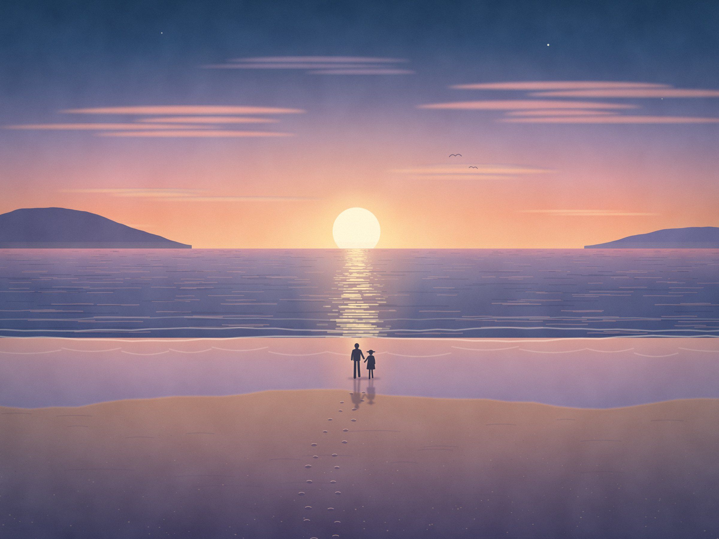 夕日が水平線に沈む海岸のイラスト。砂浜に足あとが続き、遠くに2人の小さな後ろ姿がある。