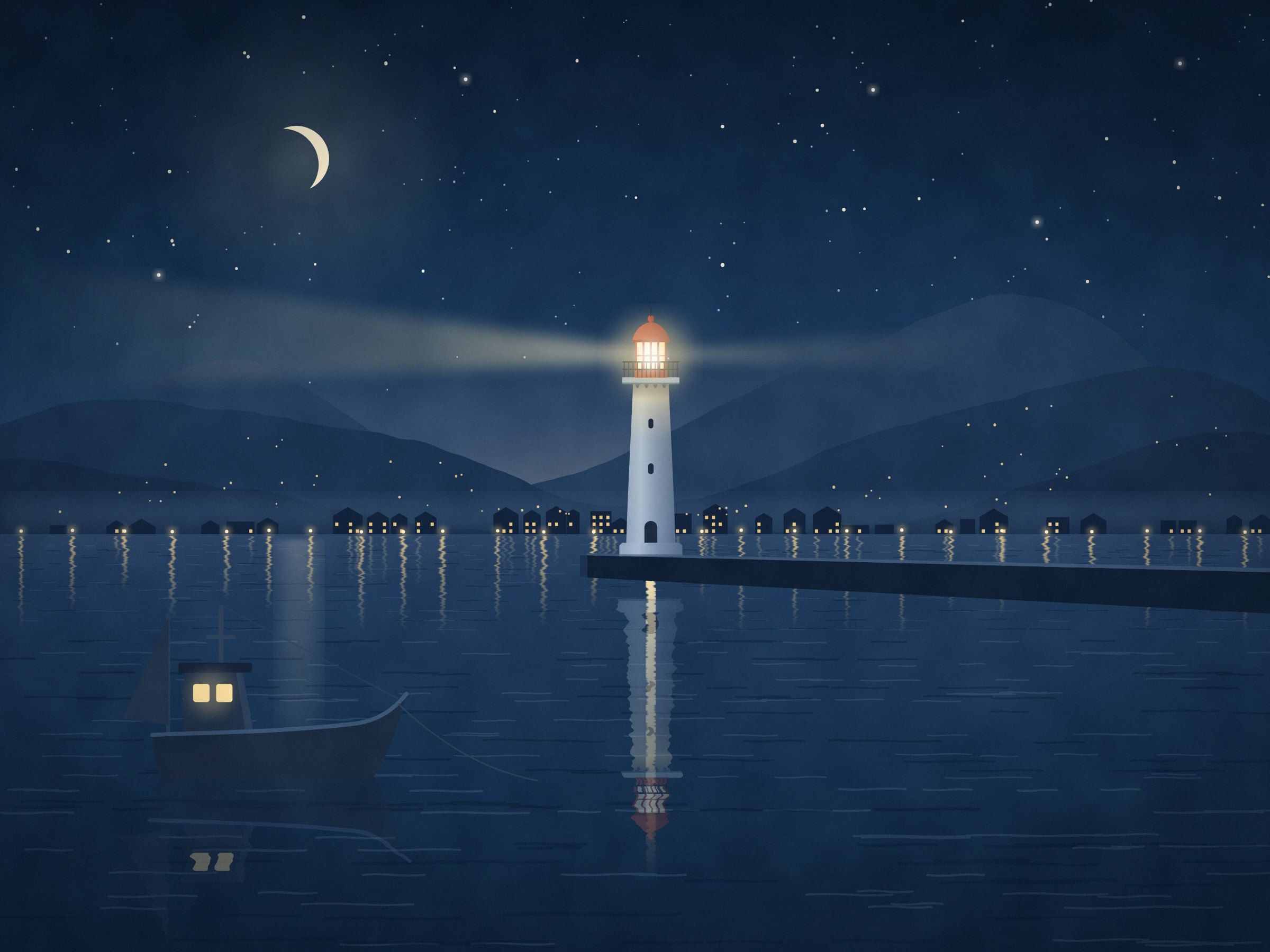 夜の港のイラスト。星と細い月の下で灯台が光を放ち、岸の明かりが水面に映っている。