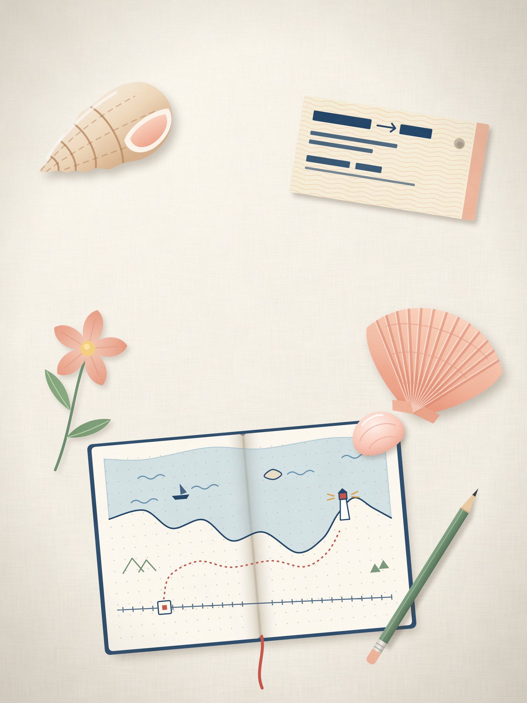 布の上に並べた旅の小物のイラスト。切符の半券、貝がら3つ、押し花、手描きの地図のノート、鉛筆。