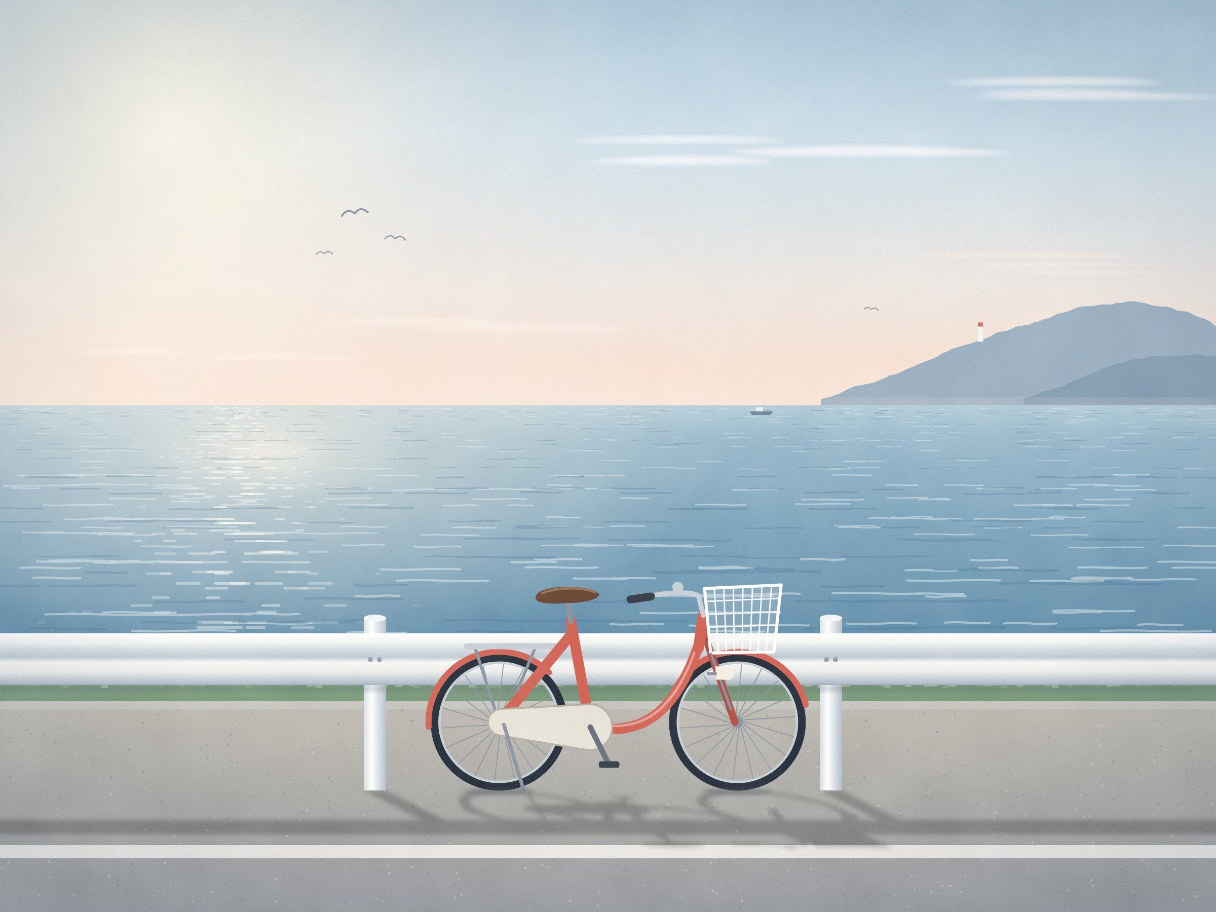 海沿いの道のガードレールに、前かごの付いた自転車が立てかけてあるイラスト。奥に朝の静かな海が広がる。