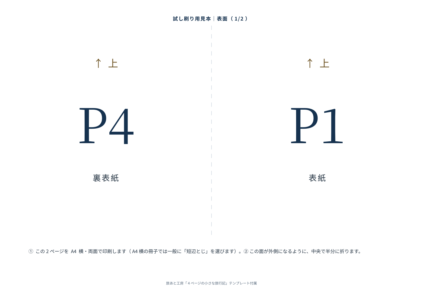 試し刷り用見本の表面。大きな文字でP4とP1、上向きの矢印。